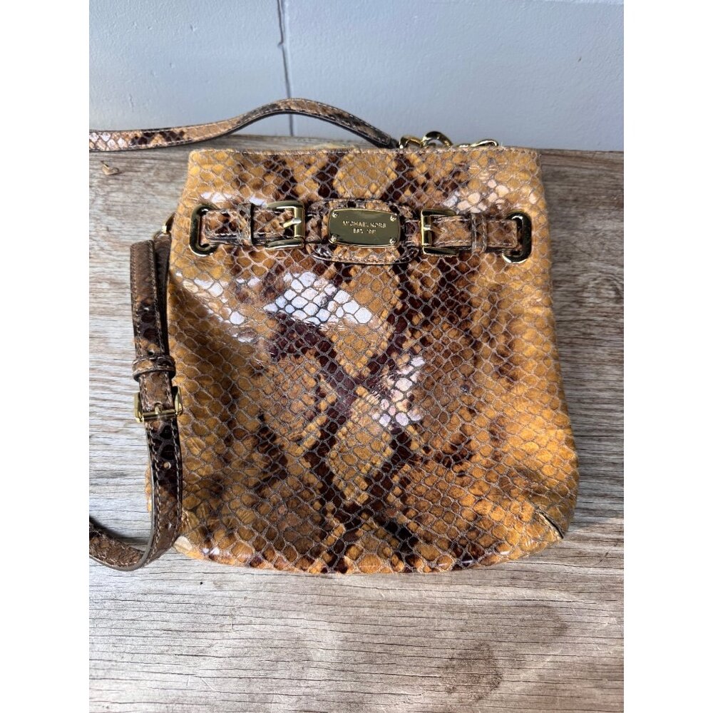 Michael Kors Crossbody Bag Women Snakeskin Print Leather Gold Tone Flap Snap Cha